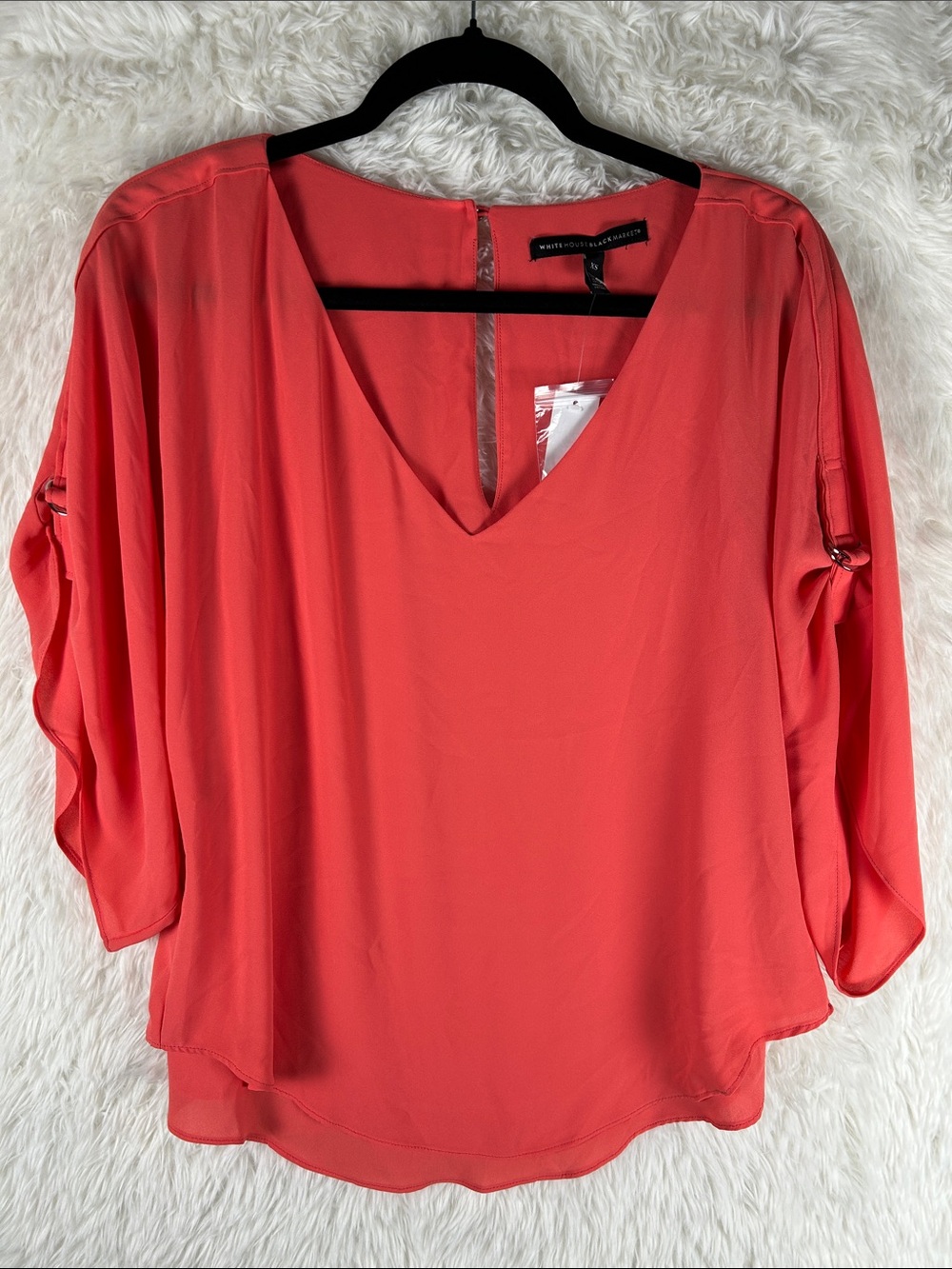White House Black Market Coral V-Neck Roll-Sleeve Blouse